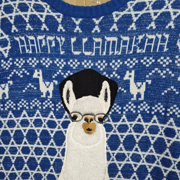 Carbon Happy Llamakah Sweater Men's XL Blue Nordic Hanukkah Llama Pullover - Picture 3 of 11
